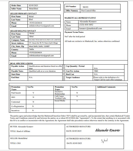 IO-Agreement With MarketCall INC