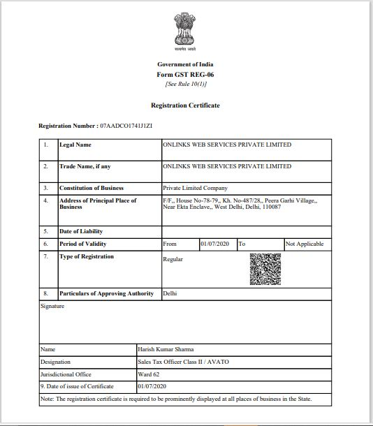 Onlinks Web Services Privated Limited GST Registration Certificate
